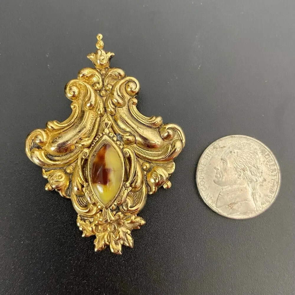 Vintage Gold Tone Baroque Filigree Shield Brooch Pin Victorian Revival Marquise